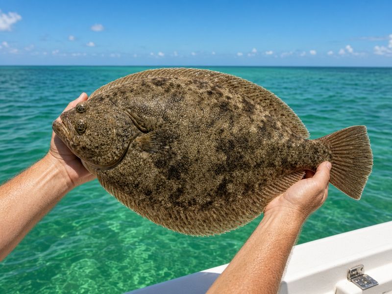 Flounder held over the emerald Gulf water